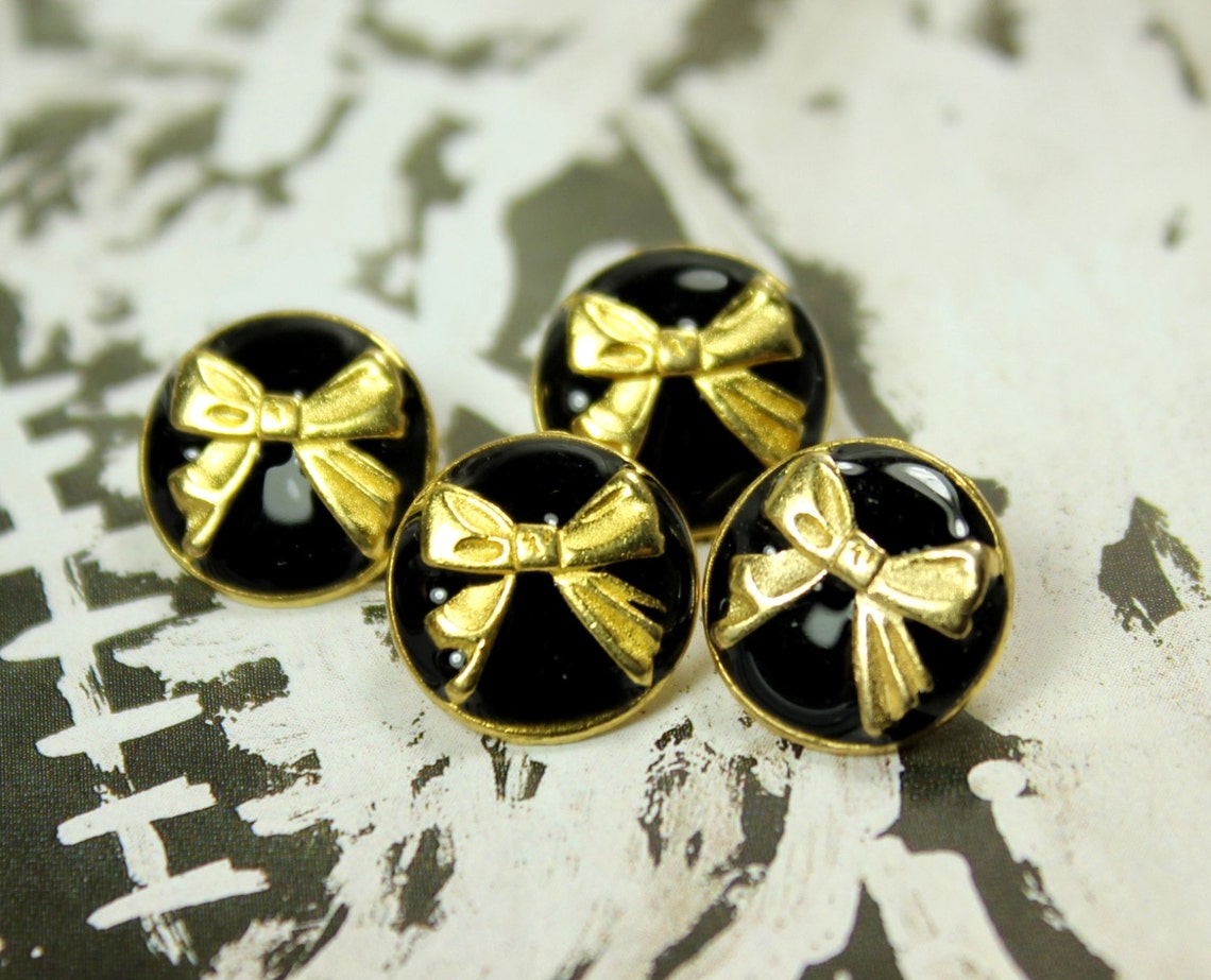 Metal Buttons - Golden Ribbon Bow Metal Buttons , Black Enamel Color ...