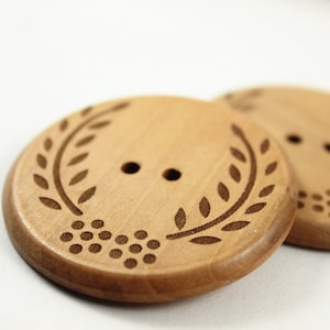 Large Wooden Buttons - Shallow Carving Broad Leaf Grass Natural Wood Large Buttons. 1.90 inch. 6 in a set