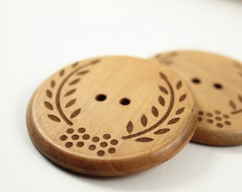 Large Wooden Buttons Shallow Carving Broad Leaf Grass Natural