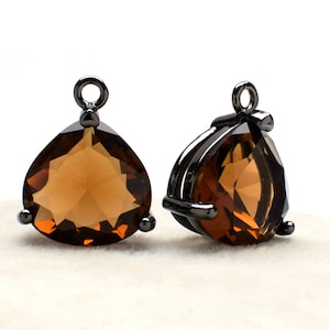 2 Pear Drop Smoky Quartz Crystal Glass Pendant, 15mm, Black Color Plated over Brass Prong Setting. [P2190032]