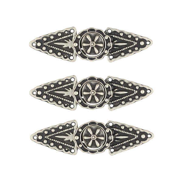 Cloak Clasp Fasteners - Antique Silver Triangles and Flower Cloak Clasp Metal Fasteners. 5 Pairs.