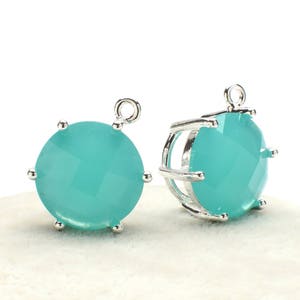2 Round Mint Turquoise Crystal Glass Pendant, 16mm, Silver Plated over Brass Prong Setting. [R1070473]