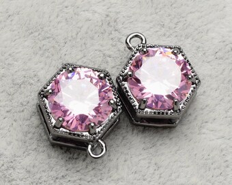 2 Bold Hexagonal Pink Cubic Zircon Pendant, 15mm, Open Ring, Black Color Plated over Brass Prong Setting. [B2160539]