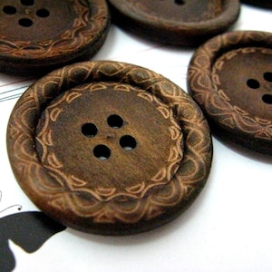 Large Wood Buttons - Beautiful Swirls Decorative Domed Border Cascading Recessed Center Old Wooden Buttons, 1.18 inch (10 in a set)