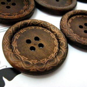 Large Wood Buttons Beautiful Swirls Decorative Domed Border Cascading Recessed Center Old Wooden Buttons, 1.18 inch 10 in a set image 1