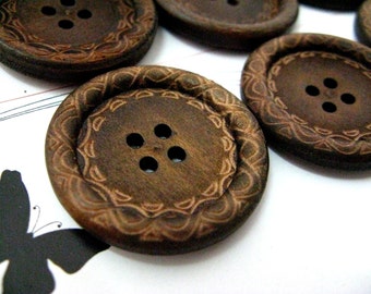 Large Wood Buttons - Beautiful Swirls Decorative Domed Border Cascading Recessed Center Old Wooden Buttons, 1.18 inch (10 in a set)