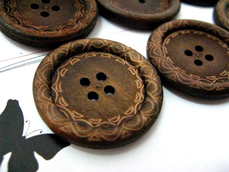 Large Wood Buttons Beautiful Swirls Decorative Domed Border Cascading Recessed Center Old Wooden Buttons, 1.18 inch 10 in a set image 1