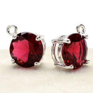 2 Round Ruby Crystal Glass Pendant, 12mm, Silver Plated over Brass Prong Setting. [R1180400]