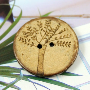 Wood Buttons - Antiqued Coconut Carving Big Tree Pattern Buttons, 1.18 inch. 10 in a set