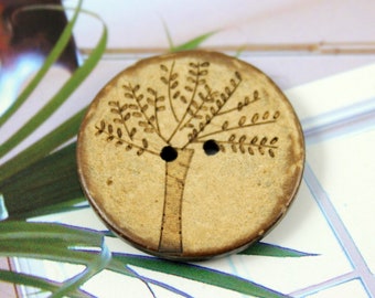 Wood Buttons - Antiqued Coconut Carving Big Tree Pattern Buttons, 1.18 inch. 10 in a set
