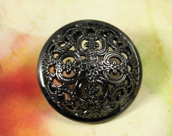 Metal Buttons - Flowery Engraving Metal Buttons , Shiny Gunmetal Color , Domed , Openwork , Shank , 1 inch , 6 pcs