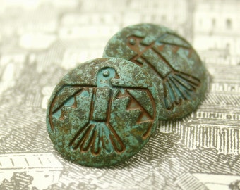 Patina Metal Buttons - Green Patina Aztec Bird Metal Shank Buttons - 20mm (Approx 0.79 inch) - 6 pcs