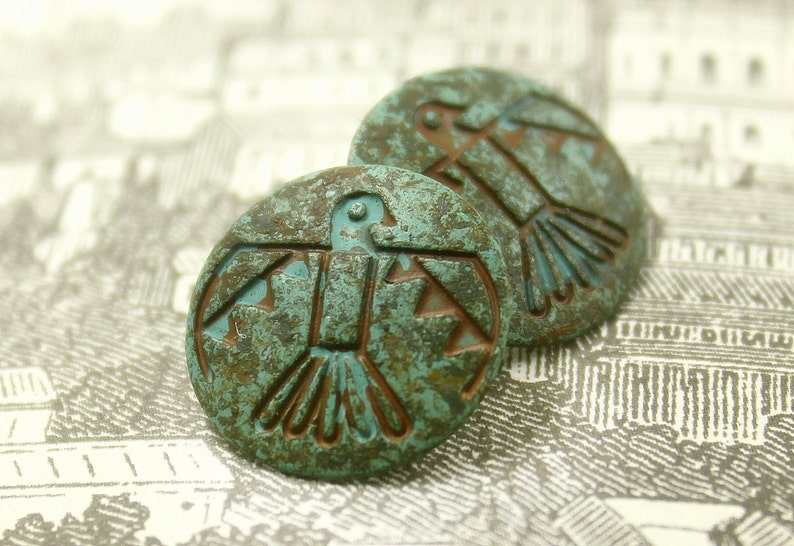 Bottoni in metallo Patina Bottoni stinco in metallo Patina Aztec Bird verde 20 mm circa 0,79 pollici 6 pezzi immagine 1