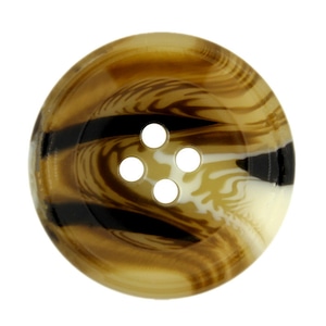 May include: A large, round button with four holes. The button features a swirling pattern of tan, brown, black, and cream colors. The button is made of a glossy material and is set against a white background.