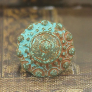 Patina Metal Buttons - Beads Domed Green Patina Metal Shank Buttons - 0.59 inch - 6 pcs