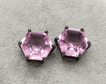 2 Hexagonal Light Pink Crystal Glass Pendant / Connector, 18mm, Black Color Plated over Brass Prong Setting. [A2160098]