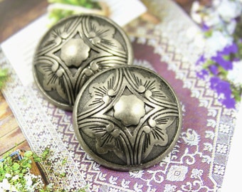 Metal Buttons - Damascus Flower Metal Buttons , Gray Silver Color , Shank , 1 inch , 6 pcs