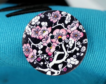 6 pieces of Peach Blossom Wood Buttons, With Black Background.  1.58 inch