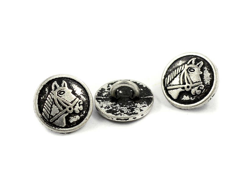Metal Buttons Horsehead Metal Buttons , Retro Silver Color , Shank , 0.43 inch , 10 pcs image 2