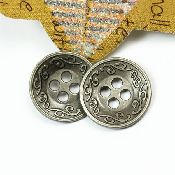 Metal Buttons - Scrollwork Carving Metal Buttons , Nickel Silver Color , 4 Holes, 0.67 inch , 10 pcs