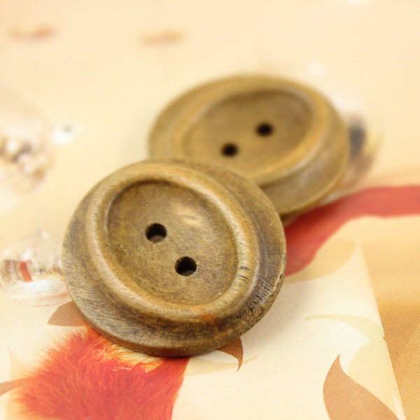 Antiqued Oval and Round Cascading Recessed Center Brown Wooden Buttons, 0.91 inch (10 in a set)