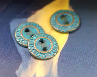 Metal Buttons - Petals Border Metal Buttons , Copper Cyan Color , 2 Holes , 0.51 inch , 10 pcs