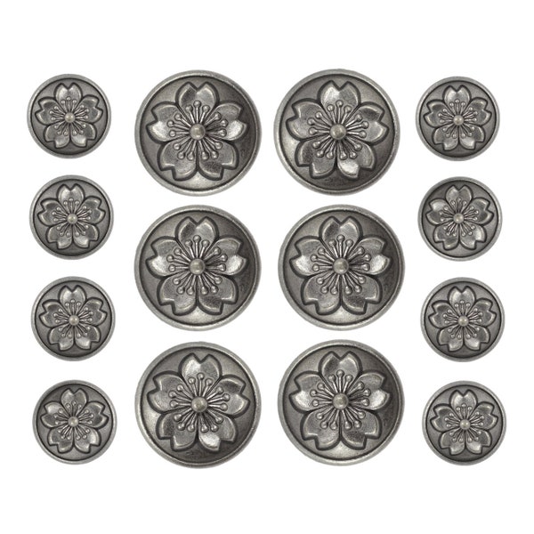 Double Blazer Button Set - Sakura Gray Silver Metal Shank Buttons Set. 6 pcs of 25mm, 8 pcs of 18mm