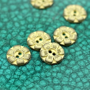 Metal Buttons - Small Flower Metal Hole Buttons , Gunmetal Yellow Color , 0.43 inch , 10 pcs