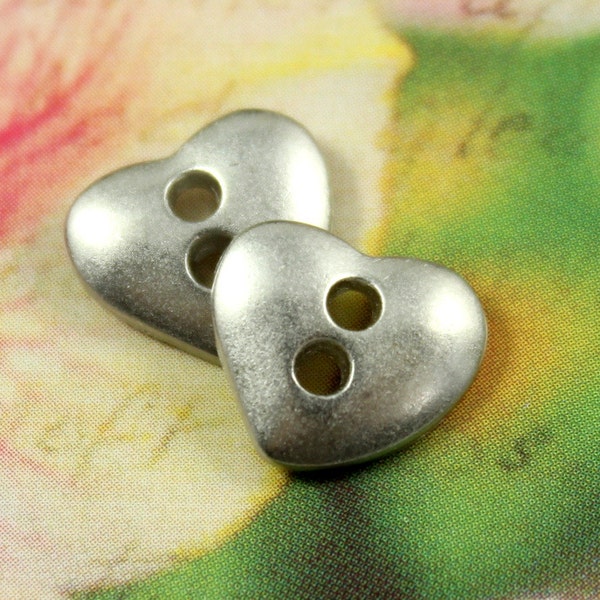 Metal Buttons - Plump Heart Metal Buttons , Silver Color , 2 Holes , 0.43 inch , 10 pcs