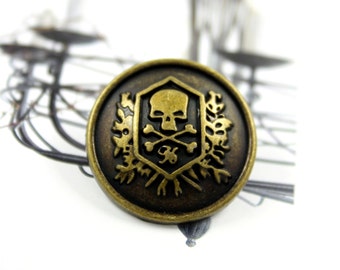 Metal Buttons - Skull Emblem Metal Buttons , Antique Brass Color , Shank , 0.91 inch , 10 pcs