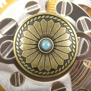 Metal Buttons - Flower Pattern Blue Turquoise Concho Style Antique Brass Metal Shank Buttons , 1.31 inch , 6 pcs