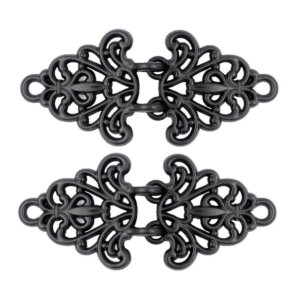 Matte Black Filigree Trivet Cloak Clasp Hooks And Eyes Fasteners.  2 Pairs.