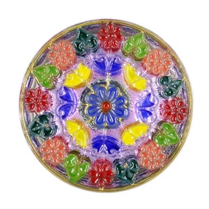 Czech Glass Button - Colourful Flower Mandala Hand Painted Czech Glass Button, 1.25 inch , Shank Button