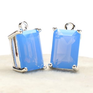 2 Rectangle Blue Opal Crystal Glass Pendant, 14mm, Silver Plated over Brass Prong Setting. [R1020285]