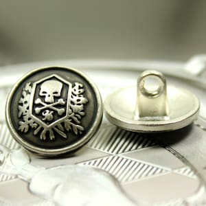 6 Skull Emblem Metal Buttons , Retro Silver Color , Shank , 0.91 inch image 4