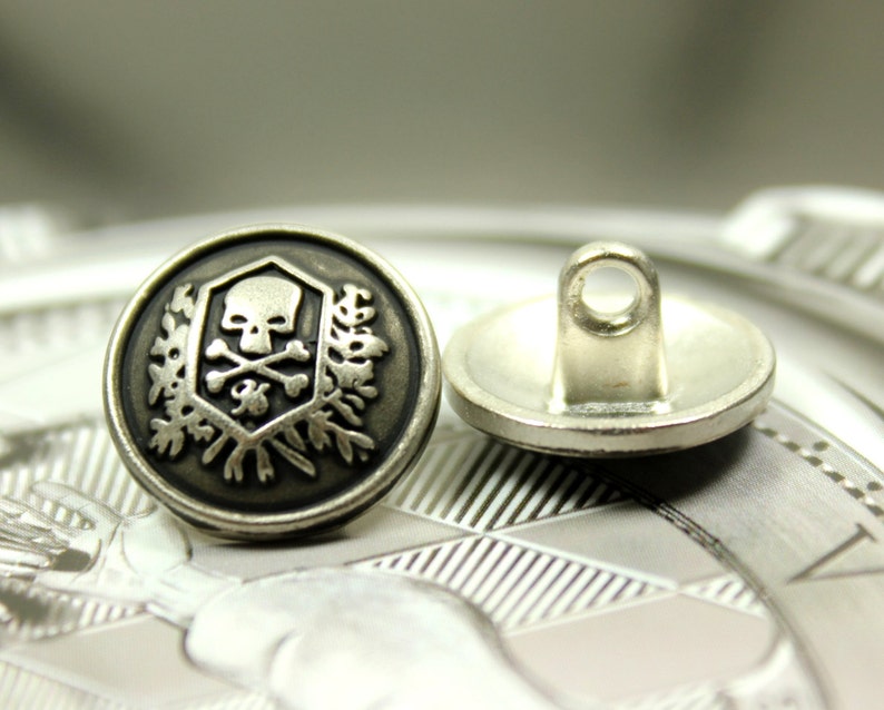 6 Skull Emblem Metal Buttons , Retro Silver Color , Shank , 0.91 inch image 4