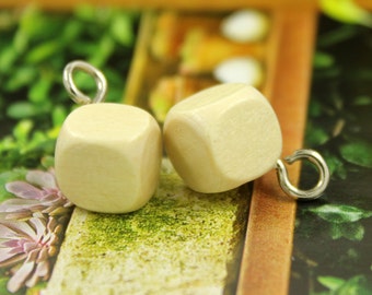 Wood Buttons - Natural Wooden Cube Buttons with metal ring shank. 0.43 inch, 10 pcs