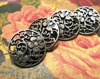 Metal Buttons - Flower Vine Metal Buttons , Gray Silver Color , Openwork , Shank , 1 inch , 10 pcs