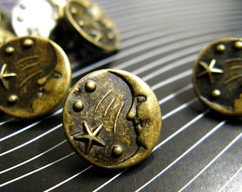 Metal Buttons - Moon and Star Metal Buttons , Antique Brass Color , Shank , 0.43 inch , 10 pcs