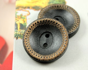 Wooden Buttons - Beautiful Intertwined Pattern Edge Recessed Center Black Wooden Buttons, 1 inch (8 in a set)