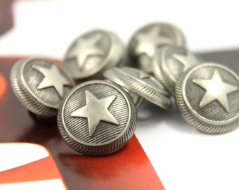 Metal Buttons - Roped Star Metal Buttons , Gray Silver Color , Shank , 0.59 inch , 10 pcs