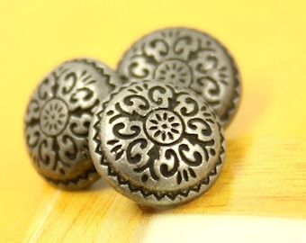 Metal Buttons - Damascene Carvings Metal Buttons , Antique Silver Color , Shank , 0.39 inch , 10 pcs