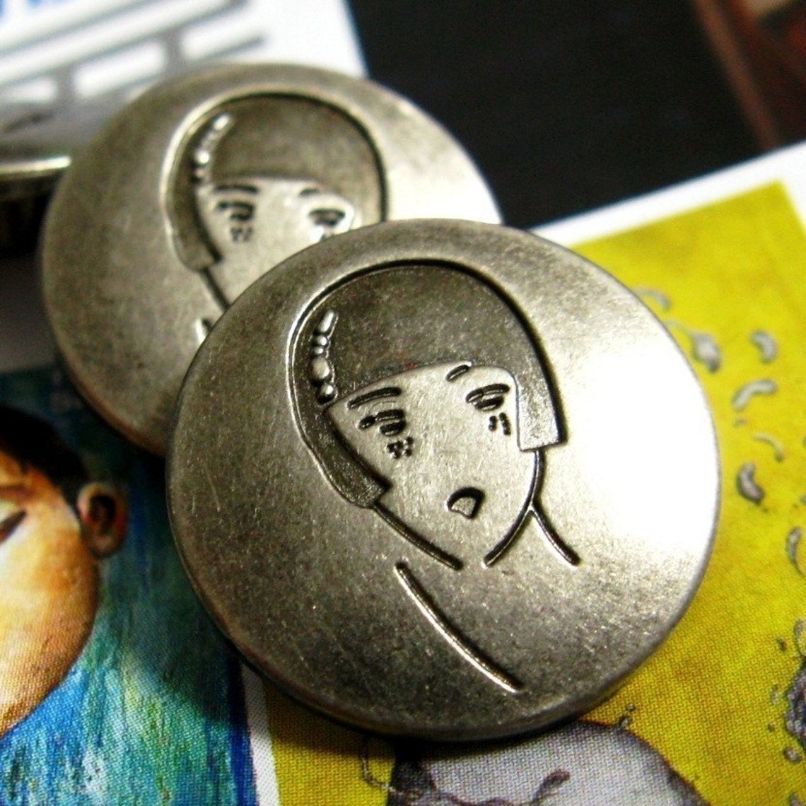 Metal Buttons Girl Face Metal Buttons Gray Silver Color Etsy