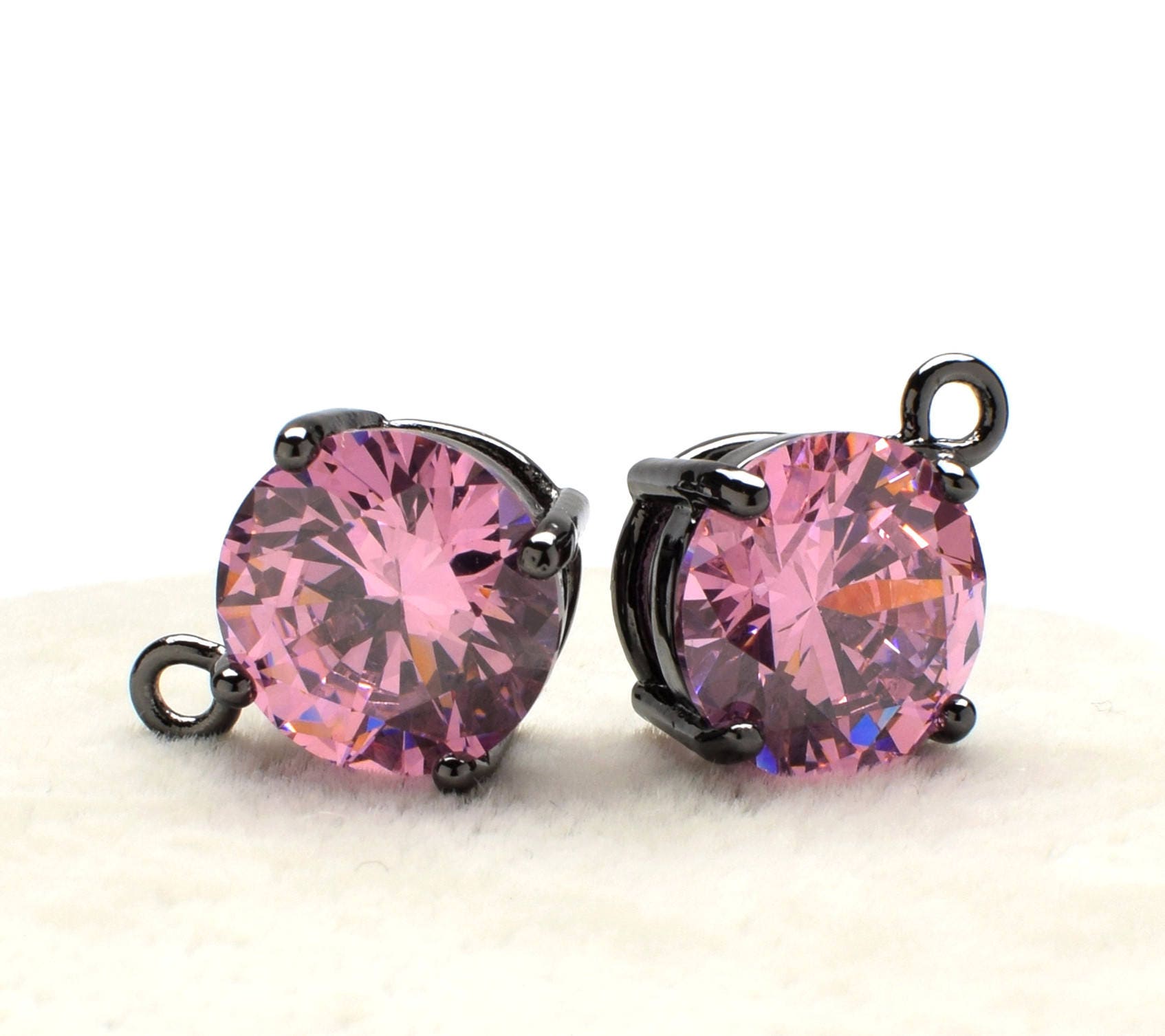 2 Round Pink Cubic Zircon Pendant, 12mm, Black Color Plated