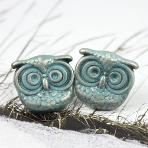 Metal Buttons - Owl Antique Silver Cyan Patina Metal Shank Buttons. 0.63 inch , 6 pcs