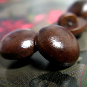 May include: Four brown wooden buttons with a shiny finish. The buttons are arranged in a row, with the largest button in the front and the smallest button in the back.