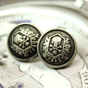 6 Skull Emblem Metal Buttons , Retro Silver Color , Shank , 0.91 inch image 2