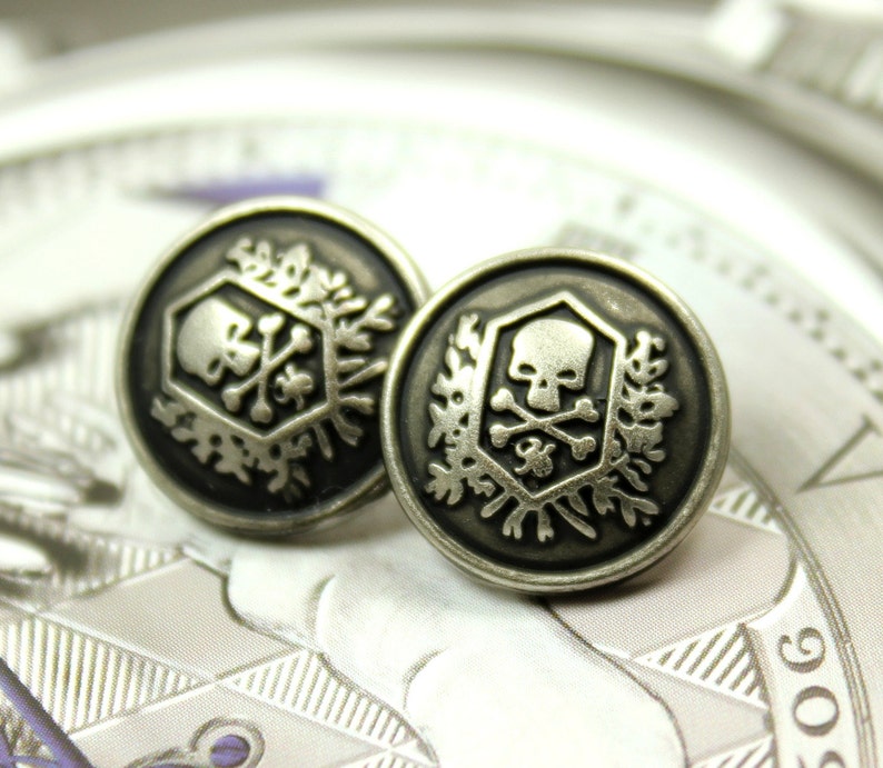6 Skull Emblem Metal Buttons , Retro Silver Color , Shank , 0.91 inch image 2