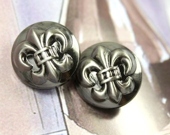 Metal Buttons - Fleur-De-Lis Metal Buttons , Shiny Gunmetal , Shank , 0.59 inch , 10 pcs