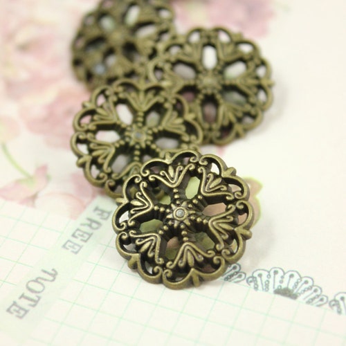 RECHERE 12 PCS Openwork Flower Shank Buttons - Antique Bronze, 15mm, For Crafts & Sewing